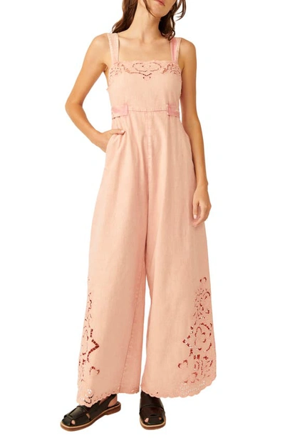 Shop Free People Leighton Embroidery Detail Wide Leg Cotton Jumpsuit In Rosey Rose