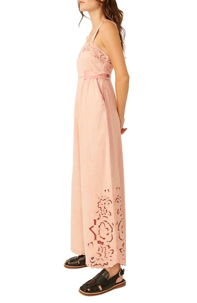 Shop Free People Leighton Embroidery Detail Wide Leg Cotton Jumpsuit In Rosey Rose
