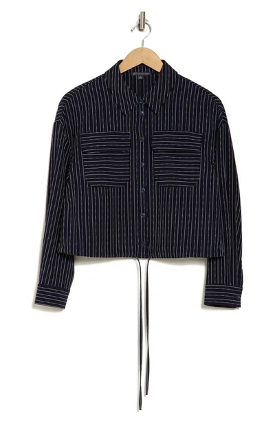 Shop Adrianna Papell Pinstripe Drawstring Jacket In Blue Moon/ White