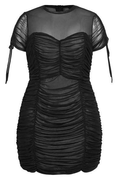 Shop City Chic Falon Ruched Mesh Minidress In Black/ Beige