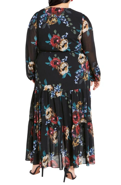 Shop City Chic Xander Floral Long Sleeve Chiffon Maxi Dress In Dark Late Bloom