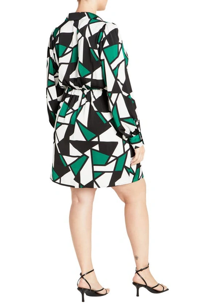 Shop City Chic Frances Print Wrap Front Long Sleeve Dress In Green Geo Print