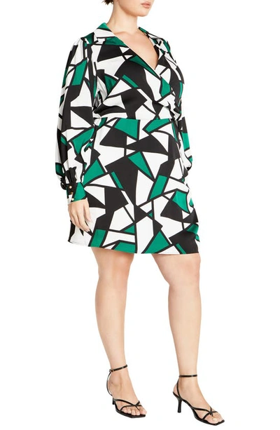 Shop City Chic Frances Print Wrap Front Long Sleeve Dress In Green Geo Print