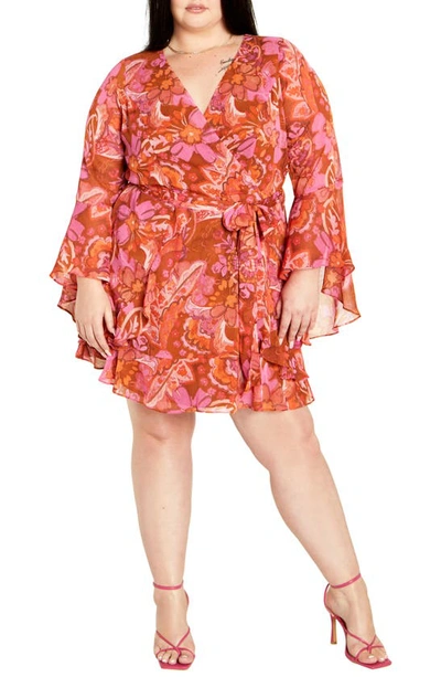 Shop City Chic Lexi Long Sleeve Faux Wrap Dress In Freehand Blooms