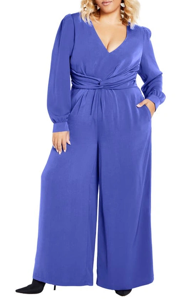 Shop City Chic Blakely Twist Waist Long Sleeve Wide Leg Jumpsuit In Dazzling Blue