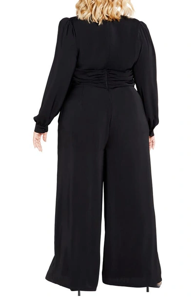 Shop City Chic Blakely Twist Waist Long Sleeve Wide Leg Jumpsuit In Black