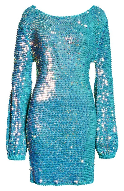 Shop Retroféte Tara Sequin Long Sleeve Crochet Minidress In Aquamarine
