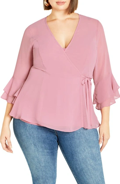 Shop City Chic Charlie Ruffle Bell Sleeve Wrap Top In Musk
