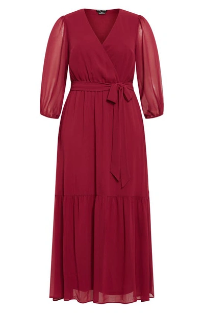 Shop City Chic Charlie Long Sleeve Faux Wrap Maxi Dress In Ruby