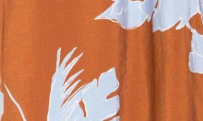 Shop Pleione Crinkle Ruffle Sleeve Camp Shirt In Bronze Blue Palm Print