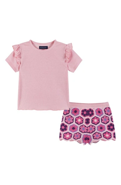 Shop Andy & Evan Kids' Short Sleeve Ruffle Top & Crochet Shorts Set In Pink Crochet