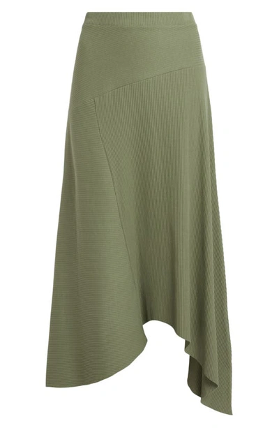 Shop Allsaints Gia Rib Handkerchief Midi Skirt In Grass Green