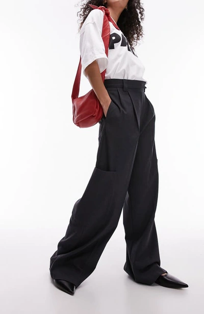 Shop Topshop Pleated High Waist Wide Leg Cargo Trousers In Grey