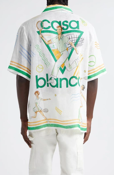 Shop Casablanca Tennis Club Short Sleeve Linen Button-up Shirt In Tennis Play Icon