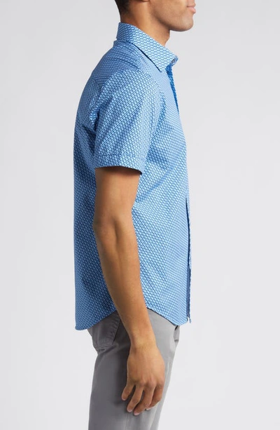 Shop Bugatchi Miles Ooohcotton® Geometric Short Sleeve Button-up Shirt In Classic Blue