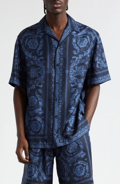 Shop Versace Barocco Print Silk Button-up Shirt In Navy Blue