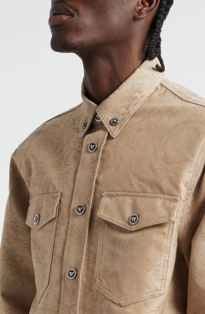 Shop Versace Barocco Jacquard Denim Button-down Shirt In Sand
