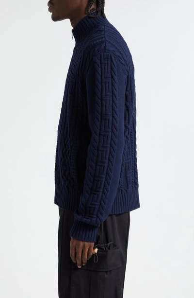 Shop Versace Medusa Cable Knit Zip Cardigan In Navy Blue