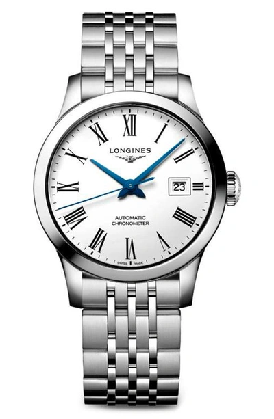 Shop Longines Record Automatic Bracelet Watch, 30mm In Silver/ White/ Silver