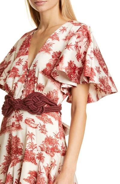 Shop Johanna Ortiz Toile Palm Print Asymmetrical Georgette Midi Dress In Sangria/ Ecru