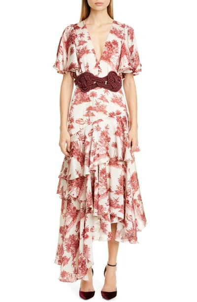 Shop Johanna Ortiz Toile Palm Print Asymmetrical Georgette Midi Dress In Sangria/ Ecru