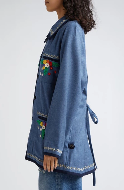Shop Bode Dianthus Embroidered Appliqué Wool Jacket In Cornflower
