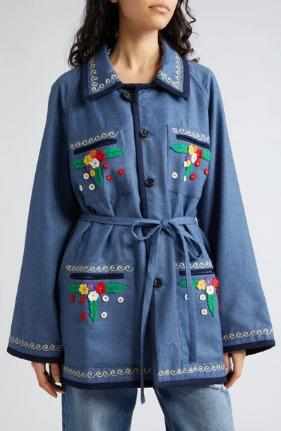 Shop Bode Dianthus Embroidered Appliqué Wool Jacket In Cornflower