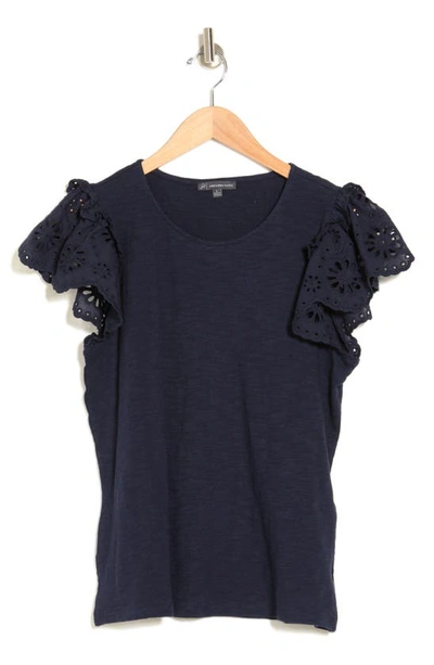 Shop Adrianna Papell Eyelet Flutter Sleeve Crepe Top In Blue Moon