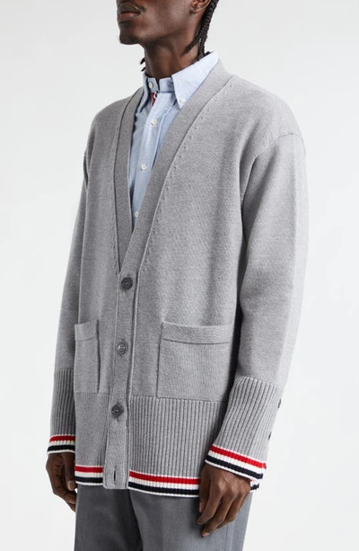 Shop Thom Browne Virgin Wool V-neck Cardigan In Light Grey