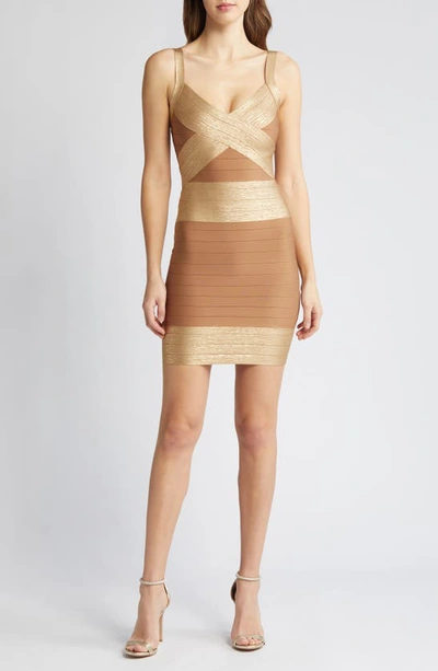 Shop Bebe Shimmer Colorblock Body-con Cocktail Minidress In Golden/ Nude