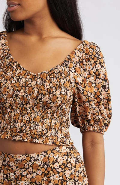 Rip Curl Sea Of Dreams Floral Smocked Crop Top In Brown