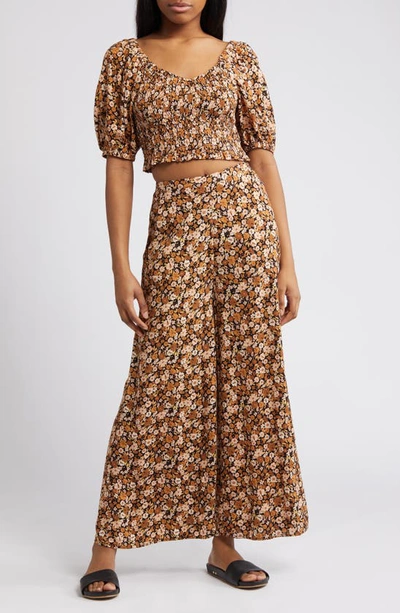 Rip Curl Sea Of Dreams Floral Smocked Crop Top In Brown