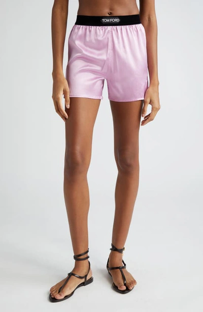 Shop Tom Ford Stretch Silk Satin Pajama Shorts In Primrose Lilac