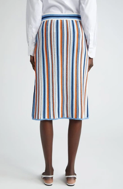 Akris Punto Crochet Knit Chair Striped Midi Skirt In Blue Multicolor