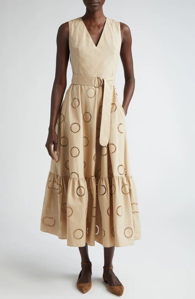 Shop Akris Punto Eyelet Embroidered Sleeveless Cotton Tiered Dress In Beige