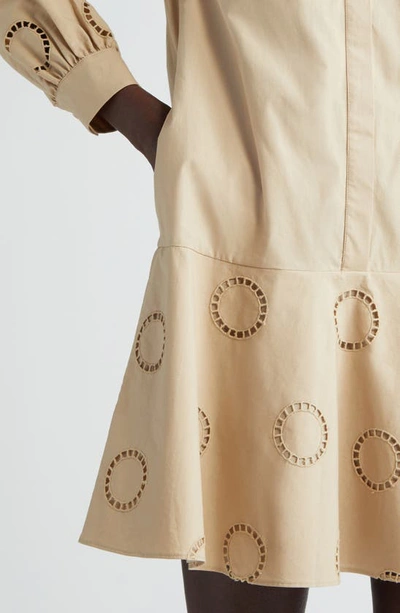 Shop Akris Punto Eyelet Embroidered Long Sleeve Cotton Shirtdress In Beige