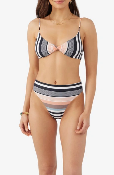 Shop O'neill Merhaba Stripe High Cut Bikini Bottoms In Black Multi Colored