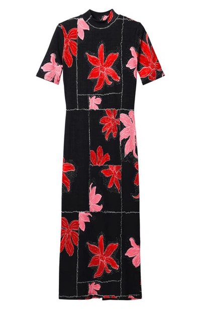 Shop Desigual Floral Ribbed Midi Dress In Red