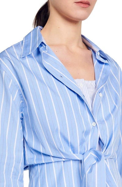 Shop Sandro Bridge Stripe Long Sleeve Tie Waist Shirtdress In Blue / White