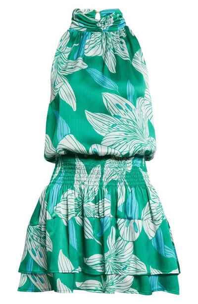 Shop Ramy Brook Dani Floral Tiered Satin Dress In Sea Green Lily Print