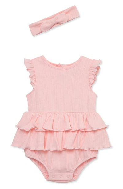 Shop Little Me Rose Pointelle Tiered Organic Cotton Bodysuit & Headband Set In Pink