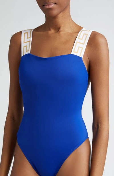 Shop Versace Greca Strap One-piece Swimsuit In Royal Blue/ White/ Gold