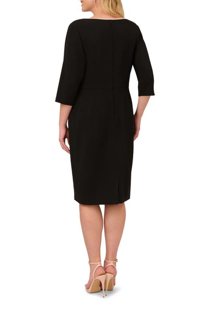 Shop Adrianna Papell Tipped Three-quarter Sleeve Crepe Dress In Black/ Ivory