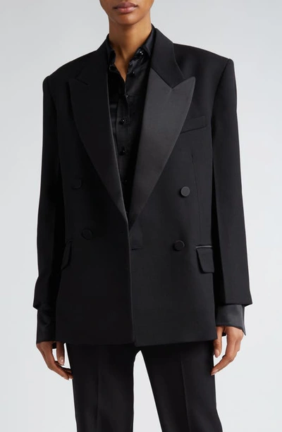 Shop Victoria Beckham Satin Lapel Double Breasted Tuxedo Jacket In Black