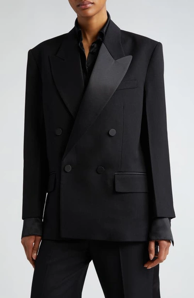 Shop Victoria Beckham Satin Lapel Double Breasted Tuxedo Jacket In Black