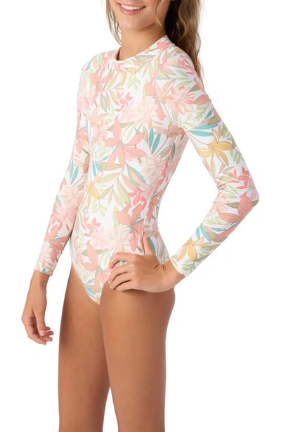 Shop O'neill Kids' Dalia Floral One-piece Rashguard Swimsuit In Vanilla