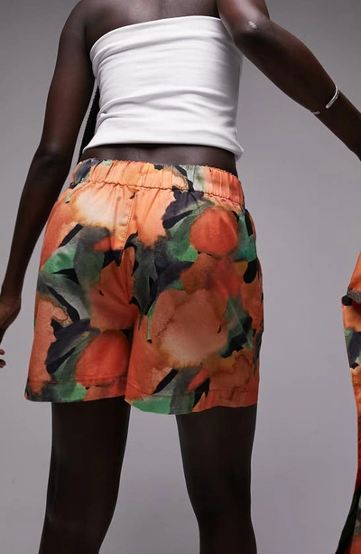 Shop Topshop Abstract Print Drawstring Cotton Shorts In Orange