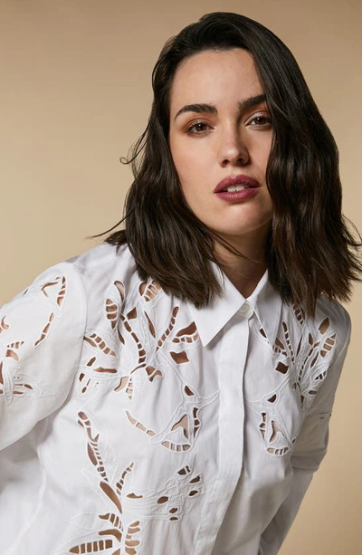 Shop Marina Rinaldi Embroidered Floral Cutwork Cotton Button-up Shirt In Optical White