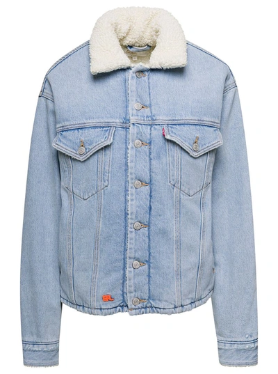 Shop Erl 'sherpa Trucker' Light Blue Jacket With Logo Patch In Cotton Denim  X Levi's
