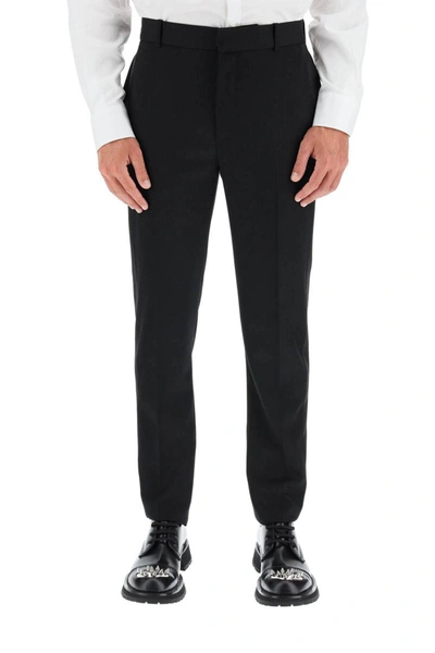 Alexander Mcqueen Wide Leg Wool Trousers With Front And Back Pockets In Black